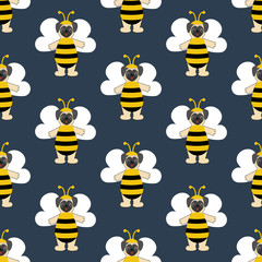 Pug in bee costume seamless pattern
