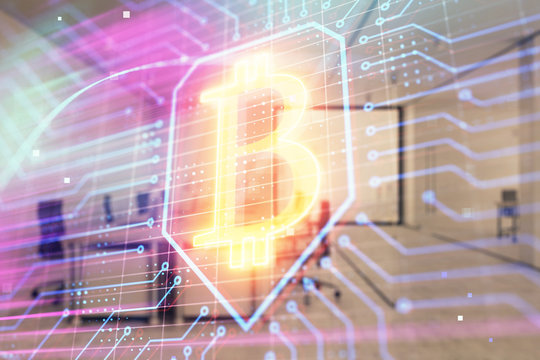 Cryptocurrency theme drawing with office interior background. Double exposure. Concept of blockchain.