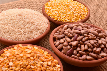 indian rice, pulses and legumes in mud pot
