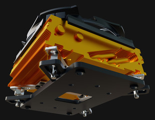 Naklejka premium CPU cooler with the copper finned heat-sink and the fan. 3d rendering.