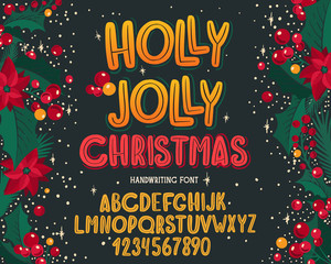 Christmas font. Holiday typography alphabet with festive illustrations and season wishes.