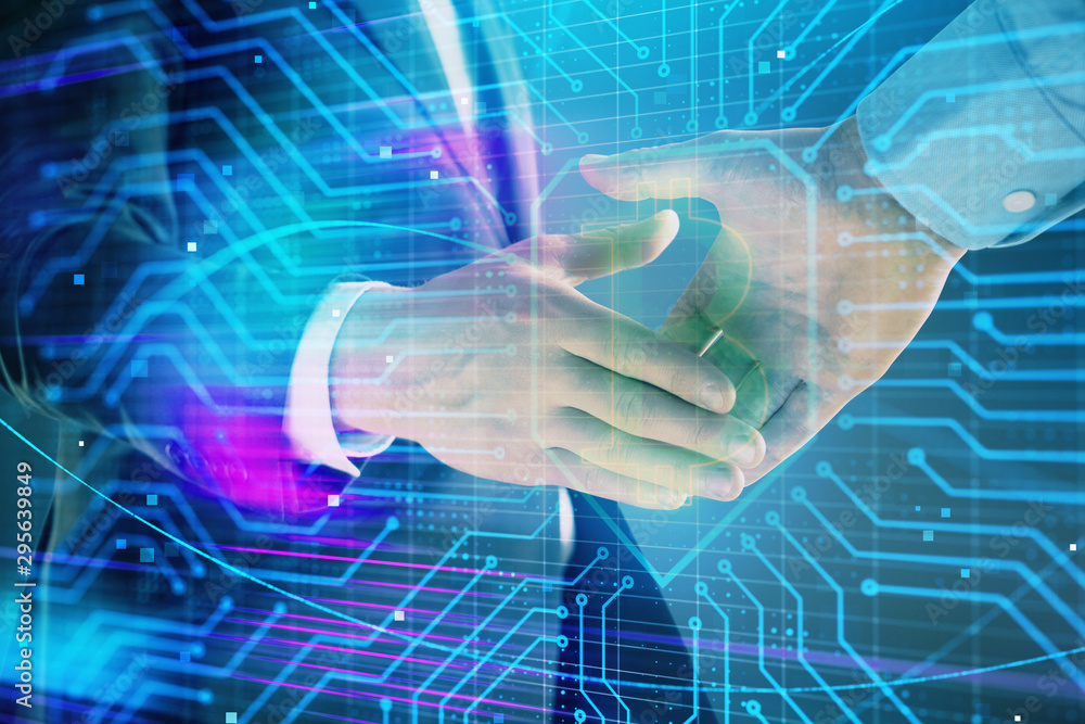 Poster multi exposure of bitcoin sign on abstract background with two men handshake. concept of cryptocurre