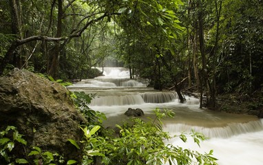 Wasserfall, der im Wald in den Fluss fließt