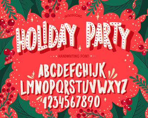 Christmas font. Holiday typography alphabet with festive illustrations and season wishes. - 295639869