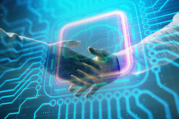 Multi exposure of human brain drawing on abstract background with two men handshake. Concept of data technology in business