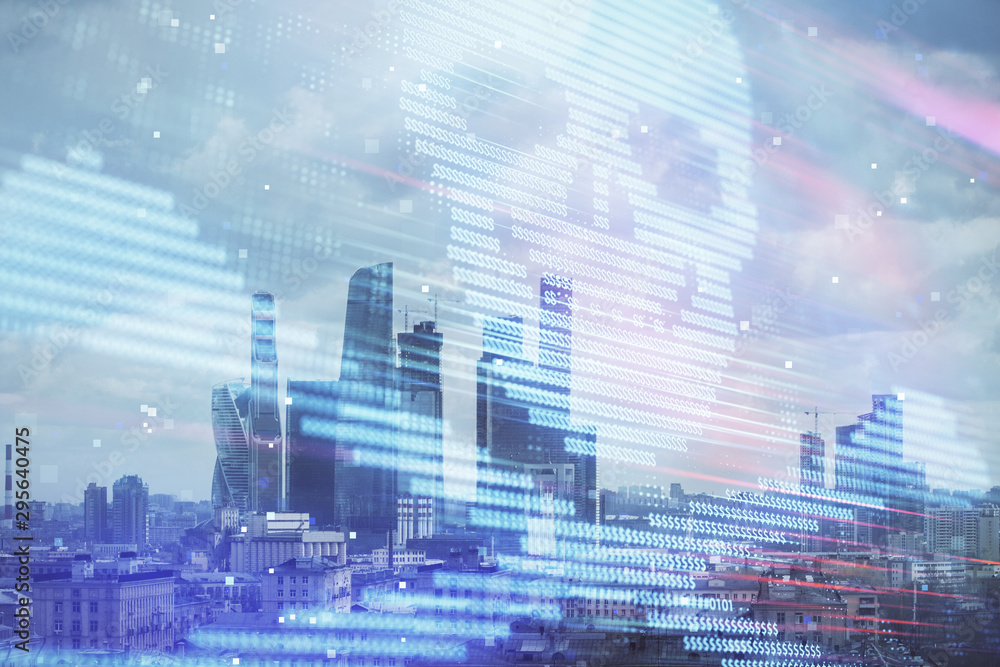 Poster double exposure of hacking theme drawing hologram on cityscape background. concept of data cyber pir