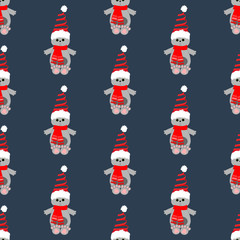 Cat in christmas costume in snowball seamless pattern