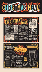 Christmas and New Year food menu template for restaurant. Vector illustration for holiday dinner celebration with hand-drawn lettering.