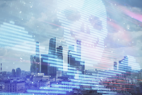 Double exposure of hacking theme drawing hologram on cityscape background. Concept of data cyber piracy