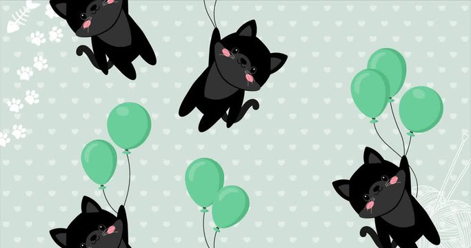 Cute baby kitten flying in the sky between colorful balloons, animation made in 4K cartoon vector design, black cat with grey background. For Baby shower, celebration, invite, postcard...