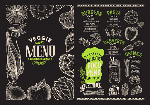 Vegan menu food template for restaurant with doodle hand-drawn graphic.