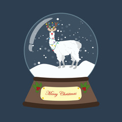 Llama in christmas costume in snowball