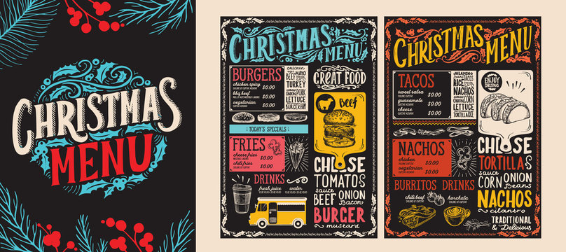 Christmas and New Year food menu template for restaurant. Vector illustration for holiday dinner celebration with hand-drawn lettering.