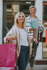 Two happy attractive fashionistas doing shopping together