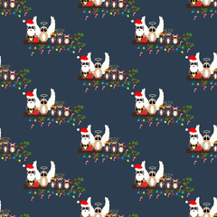 Owls in christmas costumes seamless pattern