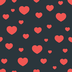 Red hearts of different sizes scattered on a dark, moody background. Vector seamless pattern with heart. Printable design in simple form.