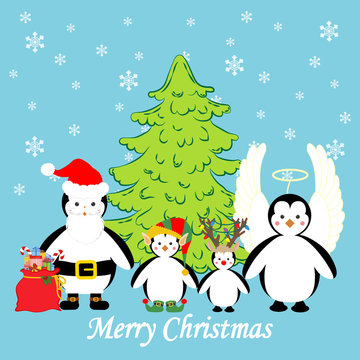 Penguin family in christmas costumes illustration