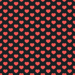 Small red hearts on dark gray, black background. Closely arranged elements in order. Polka hearts for your graphic design. Seamless vector pattern. Endless illustration.