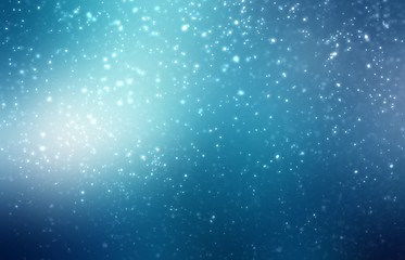Snowfall on dark cyan background. Winter night outside abstract illustration. Magical flare.