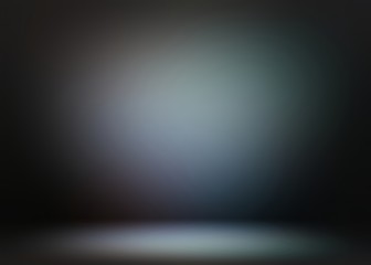 Black room 3d background. Round low spotligh pattern reflection on wall and floor. Dark abstract simple illustration.