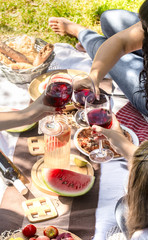 Summer picnic with friends in nature with food and drinks.