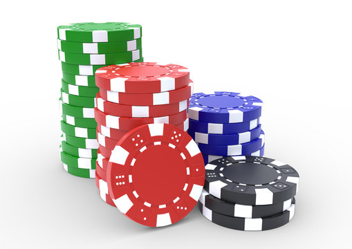 Casino chip stacks over white background. Casino concept. 3D render illustration