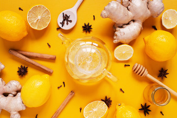 Ginger tea with lemon, honey and spices. Vitamin hot beverage