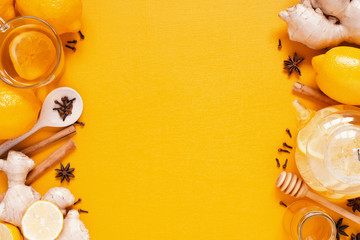 Ginger tea with lemon, honey and spices. Vitamin hot beverage