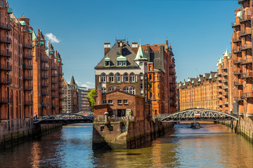 Fototapeta premium View from Poggenmuhlen bridge in Hamburg at Speicherstadt in Hafencity
