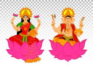 Plakat vector illustration of lord ganesha and goddess laxmi and the indian festival, Diwali and Dhanteras on PNG background. 