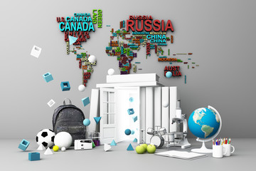 back to school ,inspiration, poster with educational equipment and door open at book tower. 3d rendering