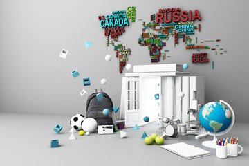 back to school ,inspiration, poster with educational equipment and door open at book tower. 3d rendering