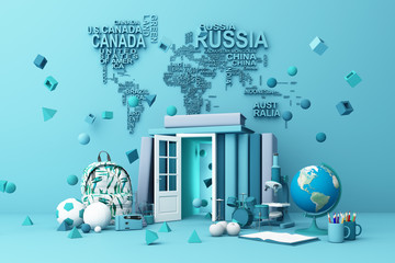 back to school ,inspiration, poster with educational equipment and door open at book tower. 3d rendering