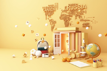 back to school ,inspiration, poster with educational equipment and door open at book tower. 3d rendering