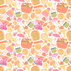 Seamless watercolor pattern with forest stuff and hiking items - mushrooms, leaves, ferns, sweater, lantern, hat. Hand drawn tourist illustration. For creating fabrics, wrapping paper, invitations.