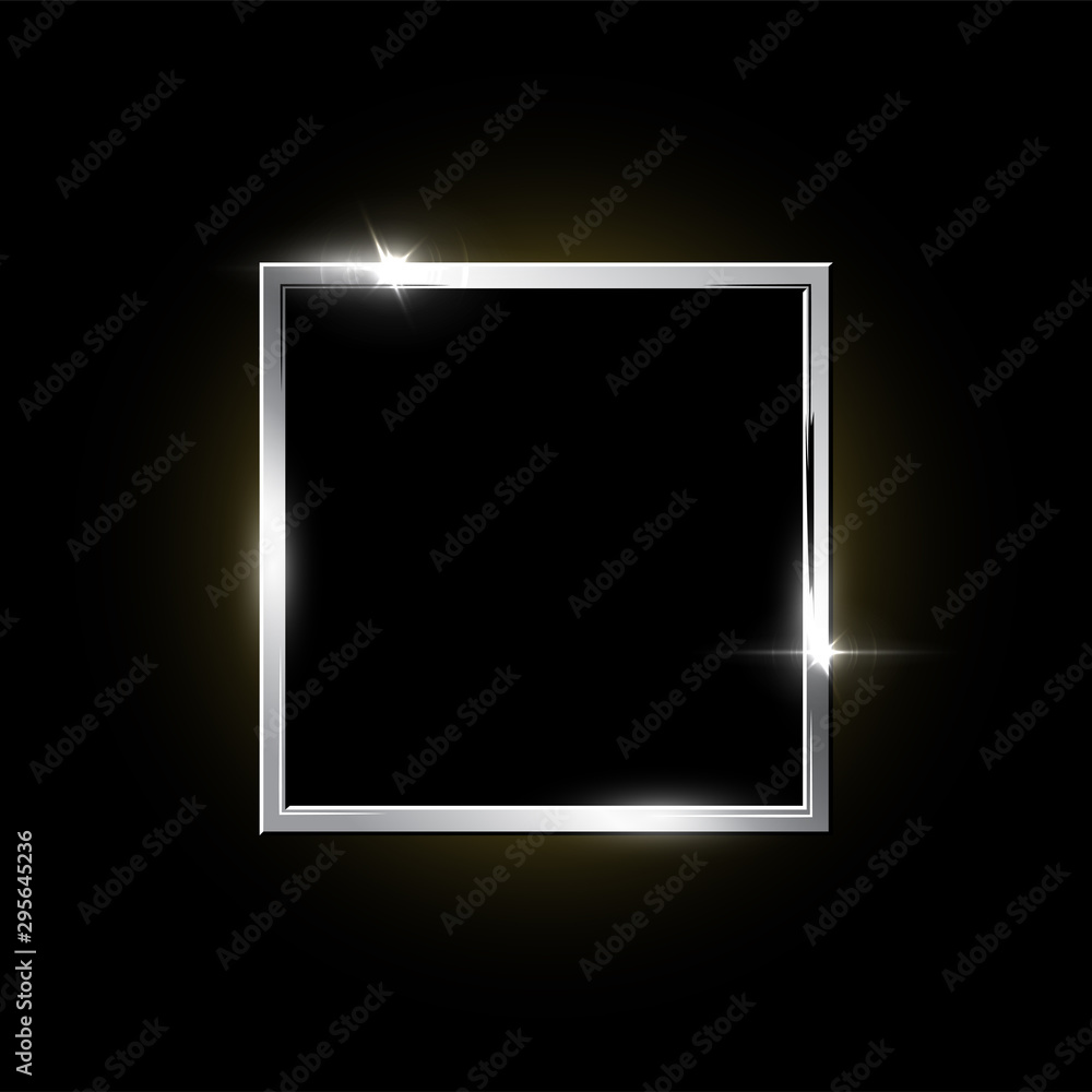 Poster silver square frame isolated on black background. vector design element.