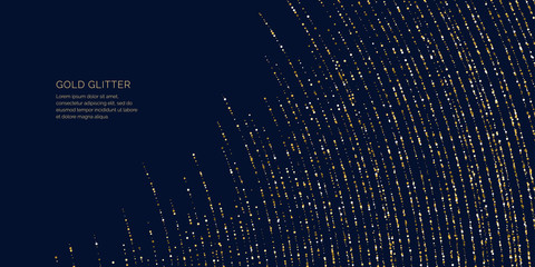Background with gold glitter to place the inscription. Poster with lines consisting of particles.