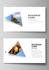 The minimalistic abstract vector layout of two creative business cards design templates. Creative modern background with blue triangles and triangular shapes. Simple design decoration.