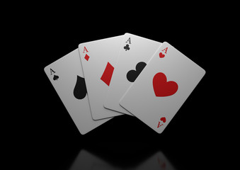 Set of four ace playing cards fly or falling on black background. Winning poker hand. 3D rendering illustration