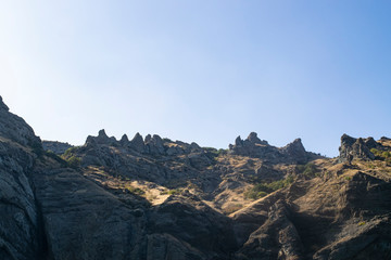 Kara-Dag mountains, view of the rocks from the sea, Crimea, Russia.