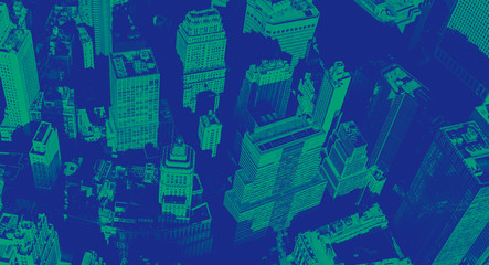Aerial view of Wall St. in Manhattan New York with modern duotone gradient
