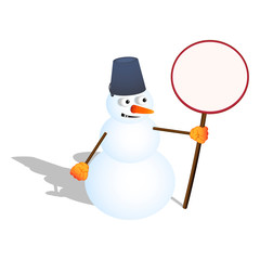 snowman with a bucket on his head and with a round sign in his hand. vector illustration. Isolated on a white background.