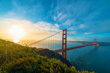 San Francisco's Golden Gate Bridge at sunrise from Marin County