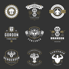 Naklejka na ściany i meble Fitness center and sport gym logos and badges design set vector illustration.
