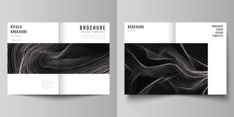 The vector layout of two A4 format modern cover mockups design templates for bifold brochure, magazine, flyer, booklet, annual report. 3D grid surface, wavy vector background with ripple effect.