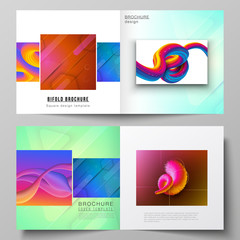 Vector illustration layout of two covers template for square design bifold brochure, magazine, flyer, booklet. Futuristic technology design, colorful backgrounds with fluid gradient shapes composition