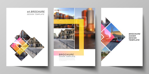 The vector layout of A4 format modern cover mockups design templates for brochure, magazine, flyer, booklet, annual report. Creative trendy style mockups, blue color trendy design backgrounds.