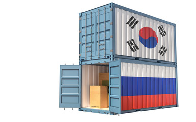 Two freight container with Russia and South Korea flag. Isolated on white - 3D Rendering