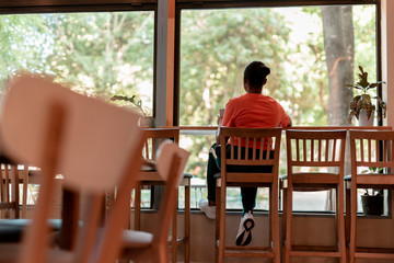 Female spending morning in cafe stock photo