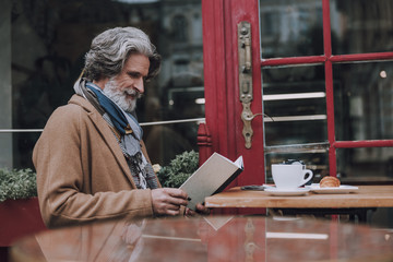 Man enjoying reading interesting novel stock photo